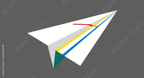 Origami airplane with colorful stripes and a red line indicating direction, representing travel and innovation