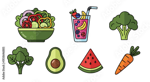 A set of fresh vegetarian food icons featuring a tomato, apple, and salad vegetables in a kitchen pot or on a white table as a healthy cartoon vector illustration