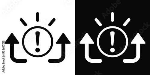 Exclamation mark warning icon in a circle with rising arrows. Conceptualizes escalating risks, increasing hazard alerts, and critical notification systems for safety and monitoring.