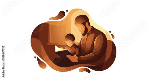 Father and son reading a book together, illustration of family bonding, education, and love, warm tones