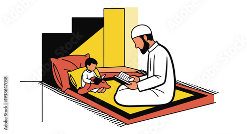 Muslim father teaching his son the Quran on a prayer mat, fostering religious education and family bonding.
