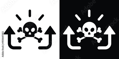 Skull and crossbones icon with upward trend arrows. Illustrates rising toxicity levels, increasing danger, mortality rates, or high-risk hazardous environments in a clean flat style.