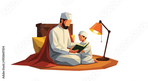 Father and son reading Quran together, father teaching son Islamic culture, family bonding, education, religion