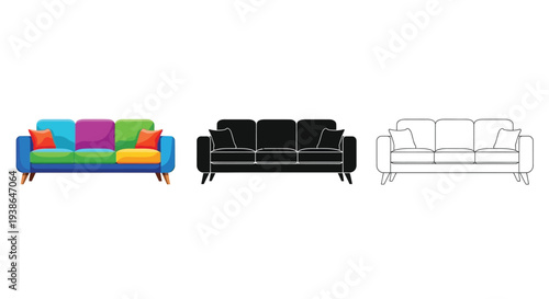 Modern living room sofa illustration in various color styles and line art design