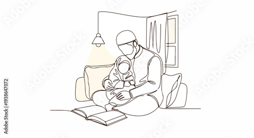Muslim father and child reading together in a cozy home setting, continuous line art illustration