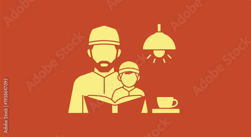 Father and son reading a book together under a lamp, with a cup of tea on the side, symbolizing education and family bonding.