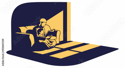 Cozy illustration of a parent reading a bedtime story to their child on a sofa, sharing a quiet moment of family bonding and learning at home.