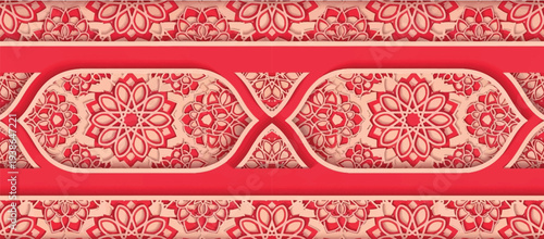 Seamless ornate decorative border with traditional Islamic floral and geometric motifs featuring an elegant embossed texture in red and cream tones