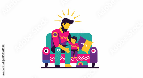Stylized vector art of a caring father with a halo and his child sitting together on a vibrant couch, symbolizing family love and parenthood.