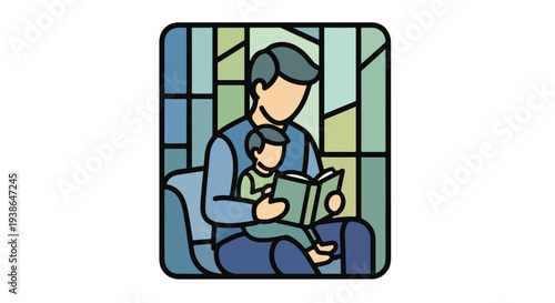 Heartwarming Stained Glass Art Depicting a Father and Son Sharing a Book, Symbolizing Education, Love, and Family Time