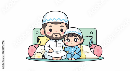 Cute cartoon Muslim father and son sitting together, celebrating family bonds and Islamic traditions, perfect for Ramadan, Eid, or Islamic education.