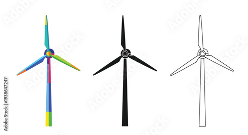 Set of three vector wind turbines in different color styles available