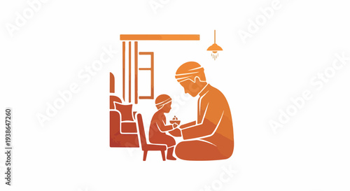 Illustrative depiction of a father and son bonding at home, wearing traditional headwear, sharing a cultural moment, representing family values and heritage.