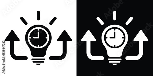 Light bulb icon containing a clock face with rising arrows. Conceptualizes efficient time management, faster innovation, increasing productivity, and meeting deadlines creatively.