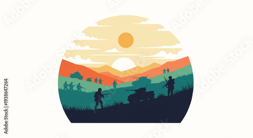 Silhouette landscape of soldiers and vehicles under sunset