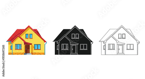 Vector graphic illustration set of three house designs with varying color schemes