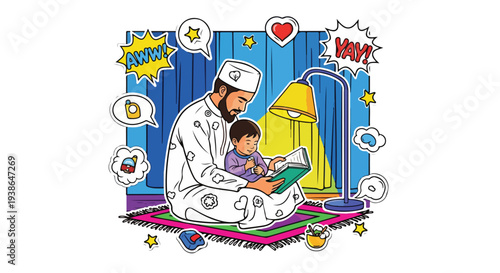 Muslim father and child reading together on a prayer mat under a lamp, surrounded by playful pop art bubbles, illustrating family bonding and Islamic education.