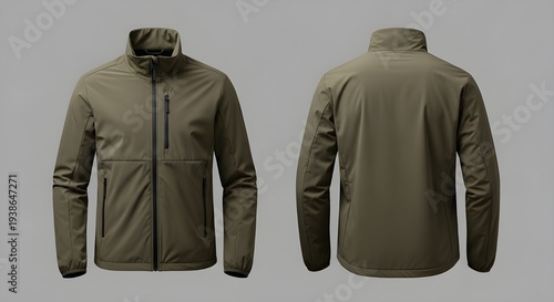 Olive green softshell jacket mockup front and back view isolated background