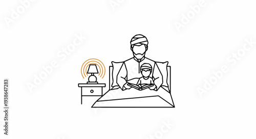 Father and child sharing a quiet bedtime story, reading together under the warm glow of a bedside lamp in a cozy bedroom, simple line art.