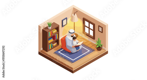 Arab father reading a storybook to his son in a cozy isometric room, depicting family bonding and education in Middle Eastern culture.