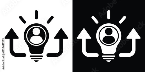 Light bulb icon featuring a person silhouette with upward arrows. Illustrates individual development, personal branding, talent growth, and human-centric innovation or leadership.