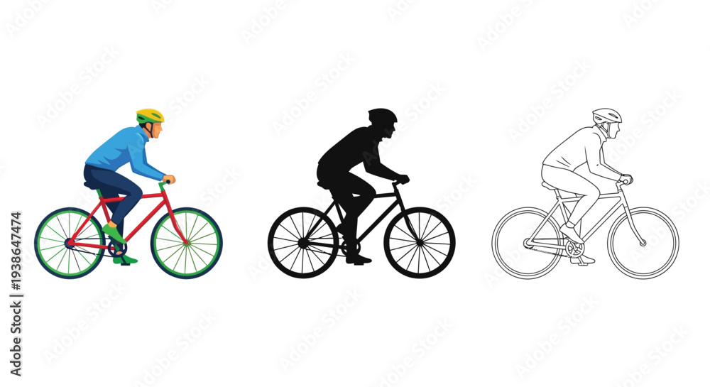 Fototapeta premium Man riding bicycle in various styles flat vector illustration graphic design