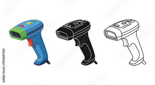 Barcode scanner vector illustrations in various colors and styles for retail applications