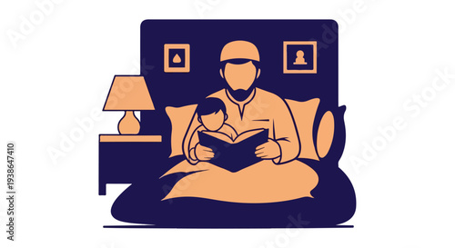 Father and child reading a book in bed at night, bedtime story illustration
