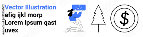 Technology, environment, finance, coding, sustainability, digital transformation. Person holding coding symbol, tree outline currency icon. Coding and technology meeting nature and finance