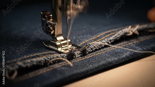 Close up sewing machine stitching denim fabric detail.
