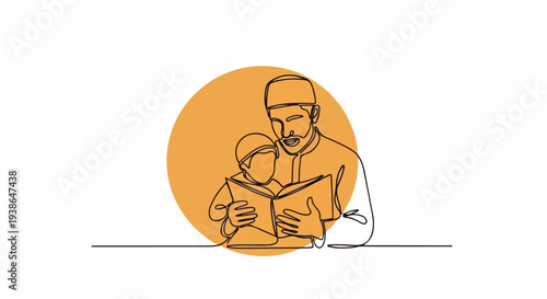 Father and son reading the Quran together, symbolizing Islamic family values, education, and faith