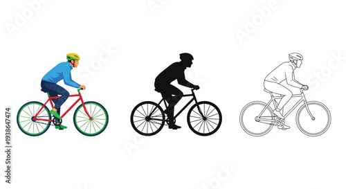 Man riding bicycle in various styles flat vector illustration graphic design