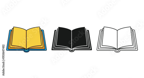 Collection of open books in various styles and colors in a vector graphic illustration