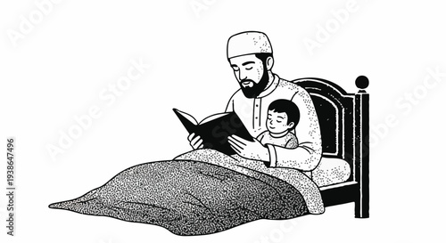 Muslim father reading a bedtime story to his child in bed, illustration