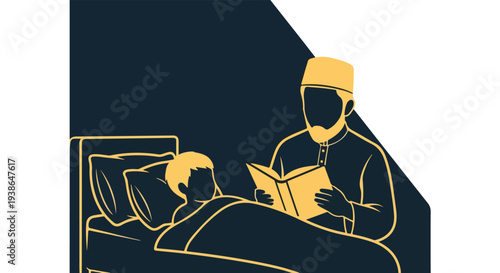 Loving father in traditional attire reading a bedtime story to his child in bed, promoting family bonding, education, and cultural values.