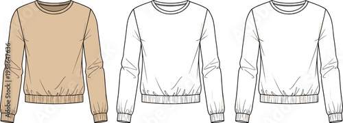 Technical Fashion Flat Sketch of Women Long Sleeve Crewneck Sweatshirt with Elastic Ribbed Cuffs and Hem, Clothing Template, Vector Illustration, Top