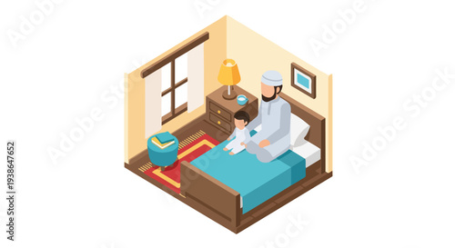 Isometric illustration of a Muslim father teaching his son about prayer or religious values in a cozy bedroom setting, fostering faith and family bonds.