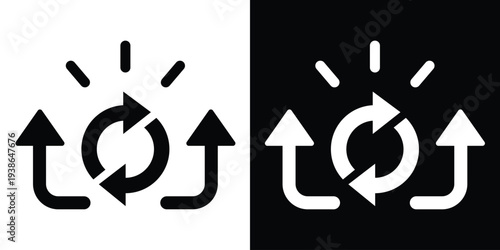 Vector flat icon showing a circular refresh symbol with two arrows pointing up. Represents system updates, data synchronization, progress tracking, and continuous improvement workflow.