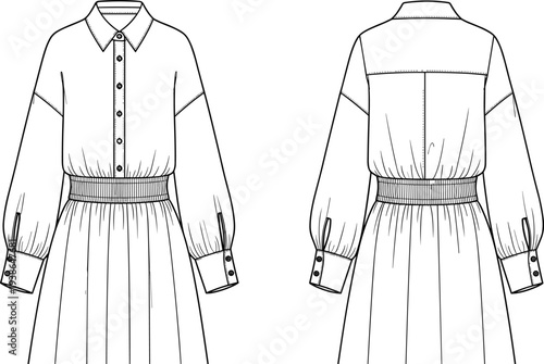 Technical Fashion Flat Sketch of Women Long Sleeve Shirt Dress with Smocked Waist and Button Down Front, Clothing Template, Vector Illustration
