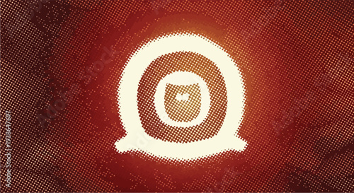 Vibrant retro abstract glowing concentric circles symbol with halftone effect on a grunge red-brown background, vintage art design.