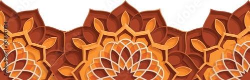 Seamless border of intricate mandala patterns in a layered paper cut style featuring warm brown and orange tones perfect for decorative backgrounds or cultural designs