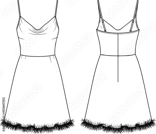 Technical Fashion Flat Sketch of Women Mini Cami Dress with Cowl Neck and Feather Trim Hem, Front and Back View, Vector
