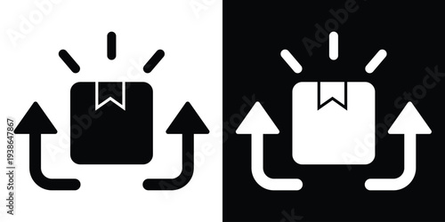 Package box icon with upward-pointing arrows. Represents express delivery, shipping logistics, e-commerce order fulfillment, warehouse dispatch, and rapid distribution services.