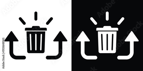 Trash can icon with upward arrows and emphasis rays. Represents efficient data cleaning, digital waste management, system maintenance, file removal, and storage optimization concepts.