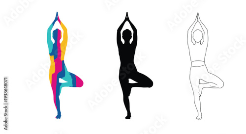 Three diverse representations of a person performing a meditative yoga tree pose for balance and wellness