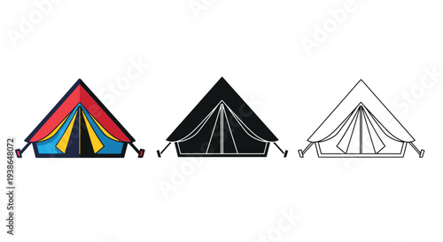 Vector illustration of three distinct camping tents featuring colorful, silhouette, and outline styles