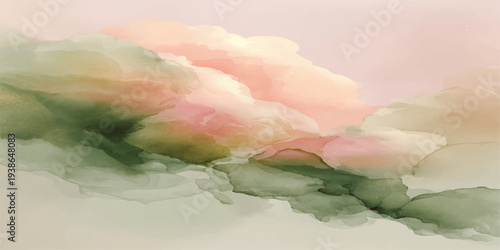 Beautiful white clouds float across a bright blue summer sky, creating a serene nature landscape with a soft watercolor texture and ethereal light