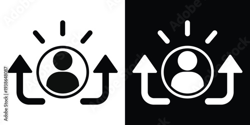 User profile icon with rising arrows and highlight rays. Represents personal growth, subscriber increase, account promotion, leadership development, and human resources optimization.