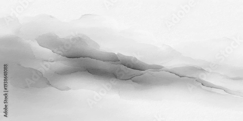 A frozen winter landscape featuring white snow falling against a blue sky with soft clouds and abstract frost patterns over a cold mountain glacier