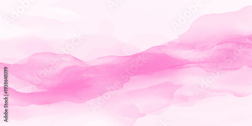 Abstract watercolor landscape featuring pink clouds over a misty mountain valley at sunset with a soft forest horizon